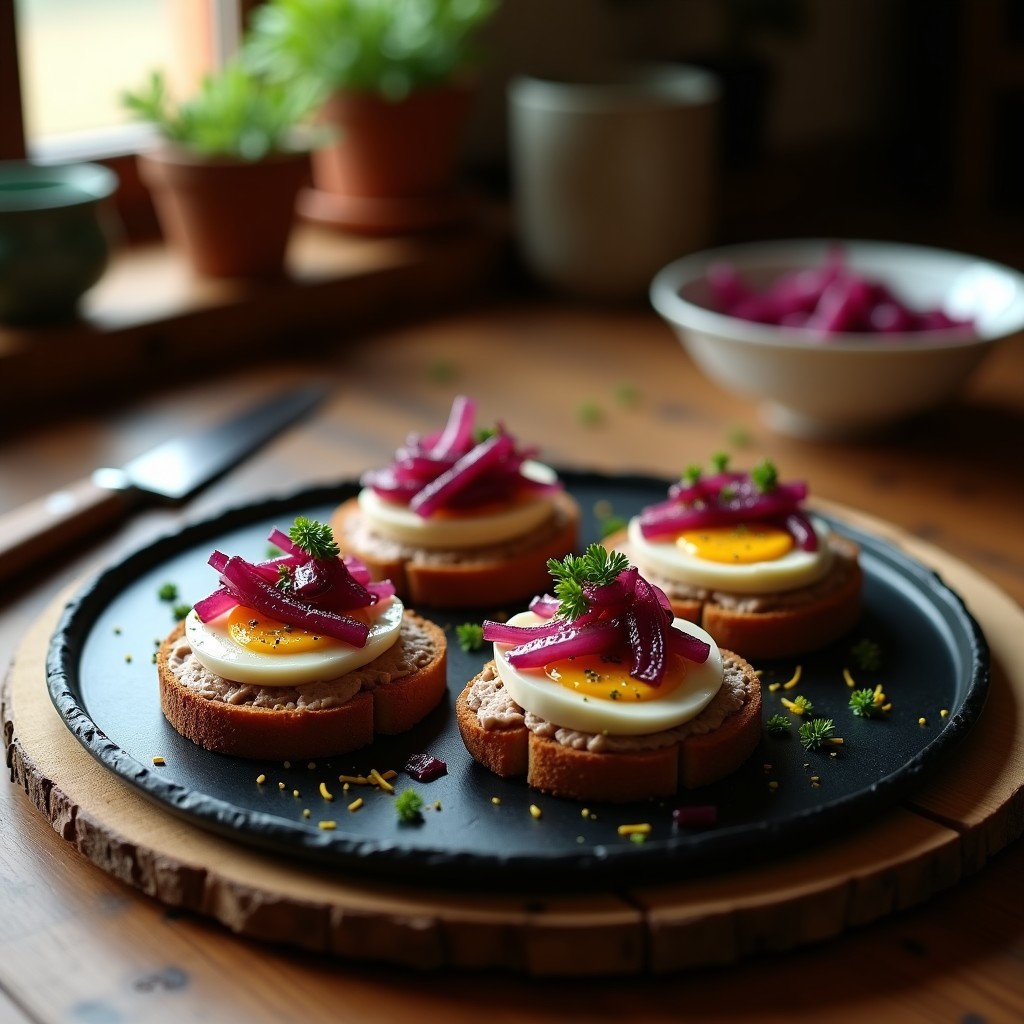 Plato de tostadas de pan de centeno dorado con paté cremoso de hígado de pollo, cebolla morada caramelizada brilloante y huevo duro picado con perejil, receta alta en hierro.