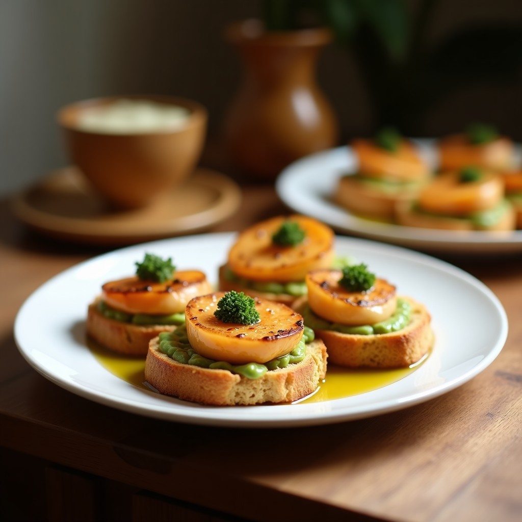 Tostadas doradas de pan de centeno con paté cremoso de vísceras de atún, decoradas con wasabi fresco, cebollino y algas nori, servidas en una tabla de madera oscura. Receta japonesa alta en hierro.