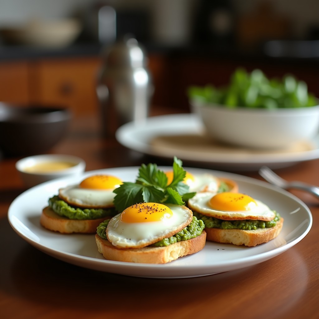 Plato blanco con dos tostadas doradas de pan de centeno, cubiertas con un vibrante pesto verde de espinacas y decoradas con un huevo pochado de yema líquida. Acompañado de semillas de piñones y un hilo de aceite de oliva, sobre un fondo rústico de madera.