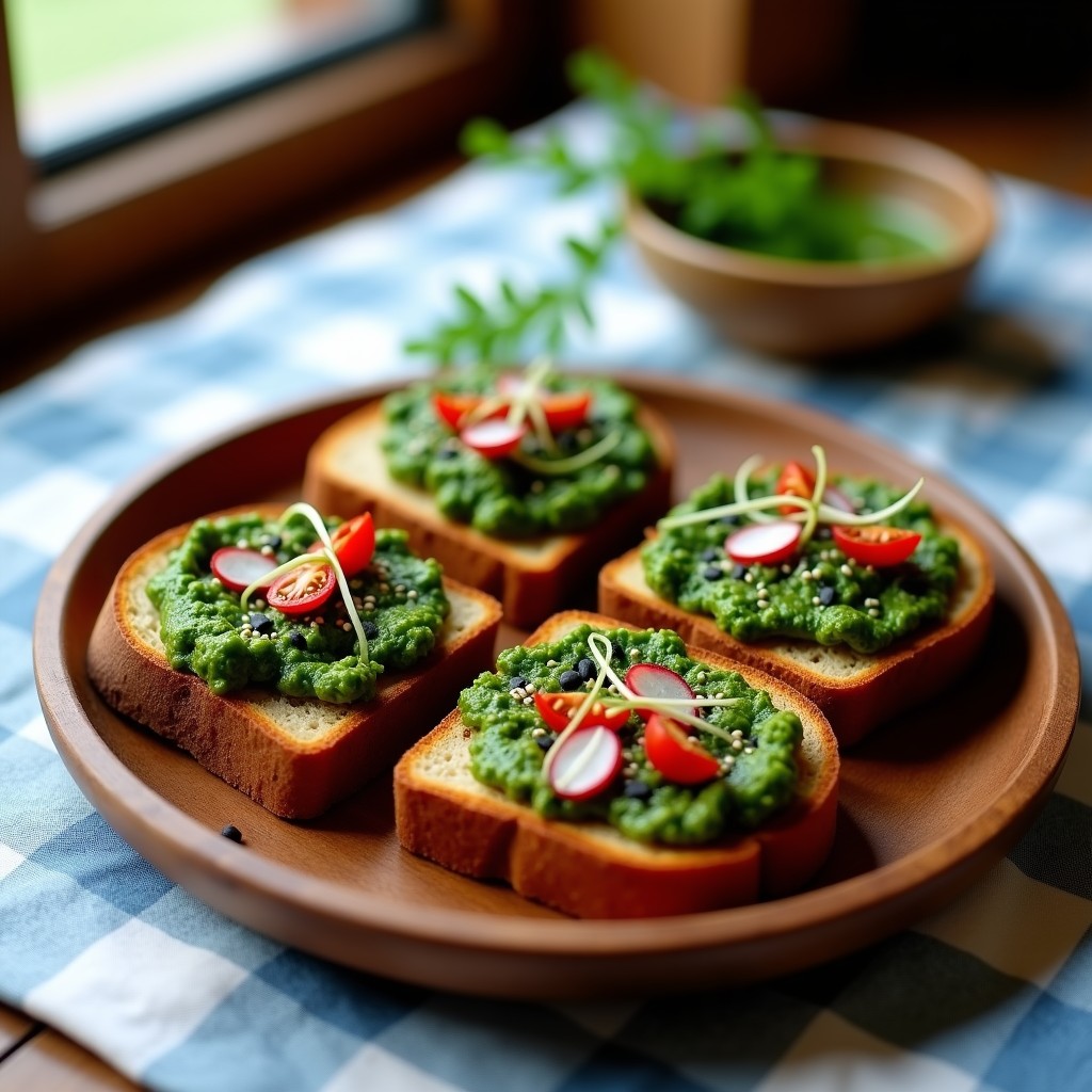 Tostadas doradas de pan de centeno con una capa generosa de pesto verde de ortigas, decoradas con tomates secos en tiras, semillas de sésamo negro y brotes de rábano, sobre un plato de madera rústica con fondo de telas a cuadros azules y blancos, estilo alemán tradicional.