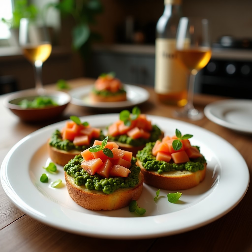 Tostadas doradas de pan de centeno con una capa generosa de pesto verde oscuro de rúcula y anchoas, decoradas con hojas de rúcula fresca, piñones tostados y virutas de queso pecorino sobre un plato de madera rústico, aperitivo italiano rico en hierro.