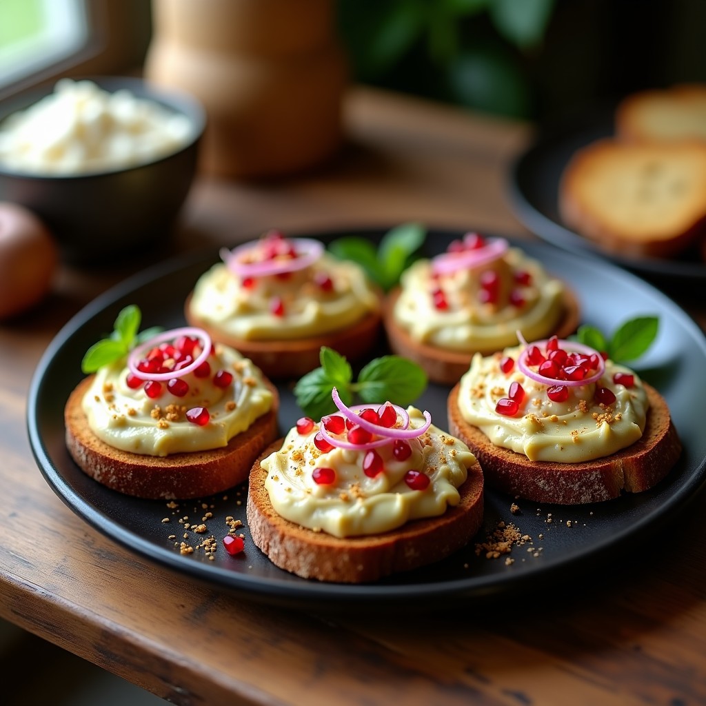 Tostadas doradas de pan de centeno con una capa cremosa de puré de garbanzos, espolvoreadas con zaatar, semillas de granada y hojas de menta fresca. Plato de aperitivo sirio colorido y apetitoso.