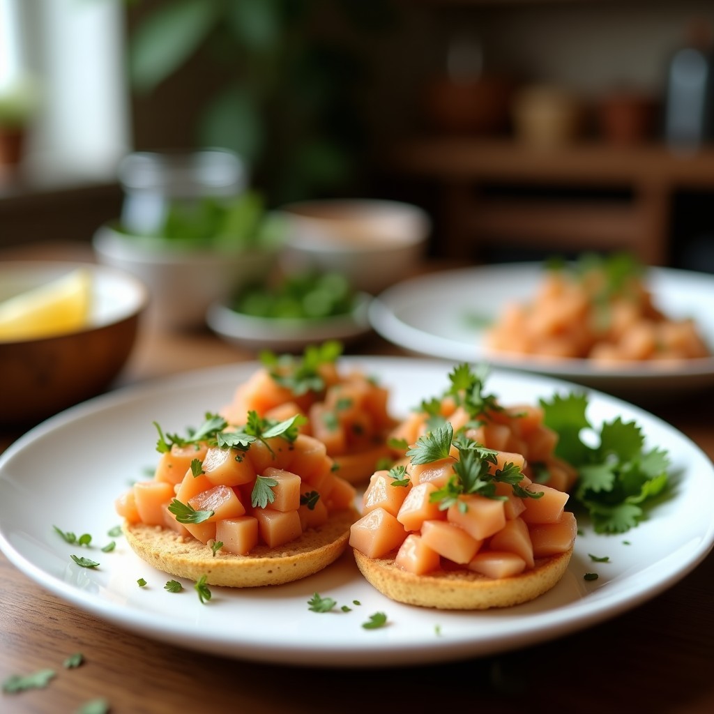 Tostadas doradas en airfryer cubiertas con ceviche de atún ahumado, aguacate en cubos y cilantro fresco, servidas en un plato de madera rústico.