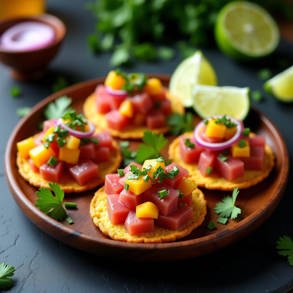 Tostadas crujientes de maíz con ceviche de atún fresco, mango ahumado y cebolla morada, decorado con cilantro y rodajas de limón verde en un plato de madera rústico.