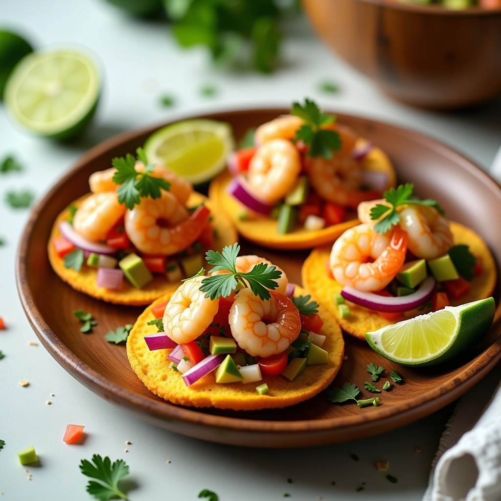 Tostadas de maíz doradas con ceviche de camarón fresco, aguacate en cubos, cebolla morada y cilantro, servidas en un plato de madera rústico con rodajas de limón.