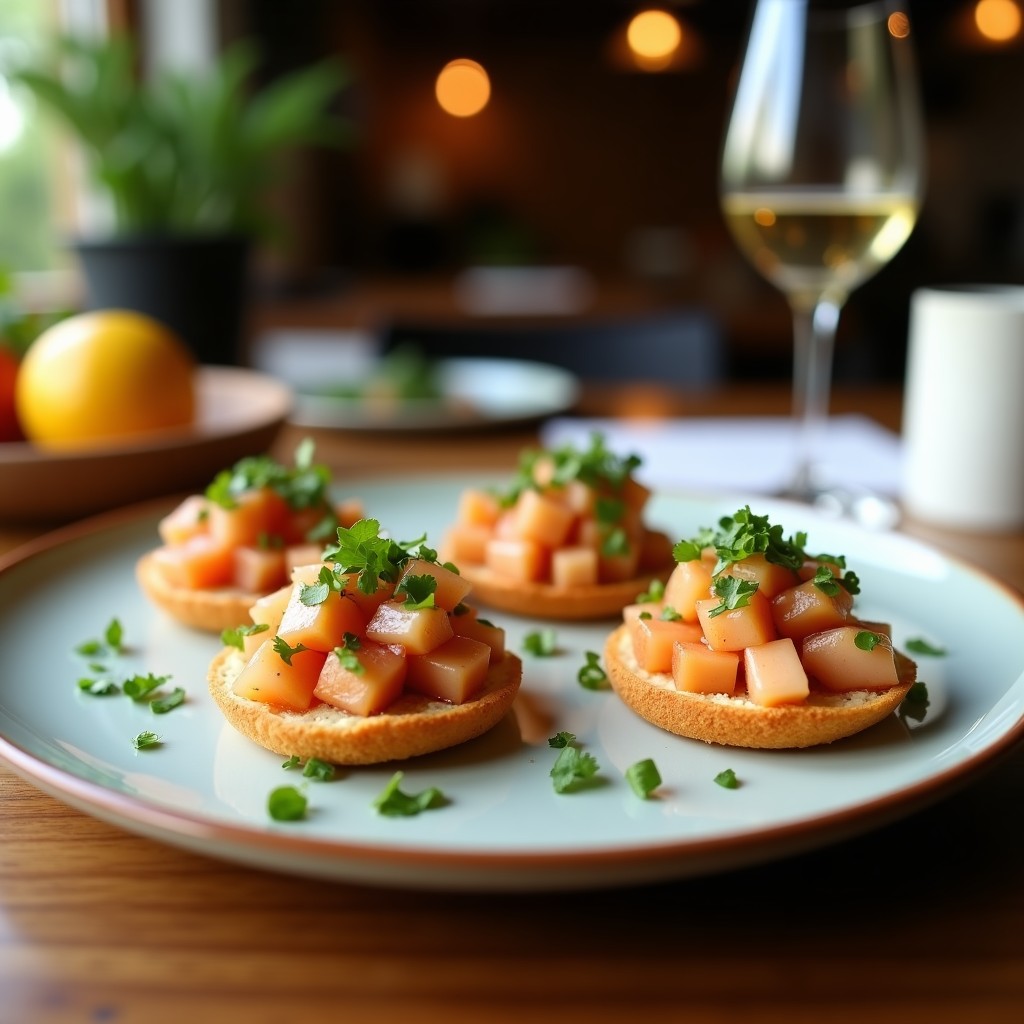 Tostadas crujientes de pan integral con ceviche de champiñones al ajillo, aguacate y maíz, decoradas con cilantro fresco y un hilo de aceite de oliva sobre fondo rústico.
