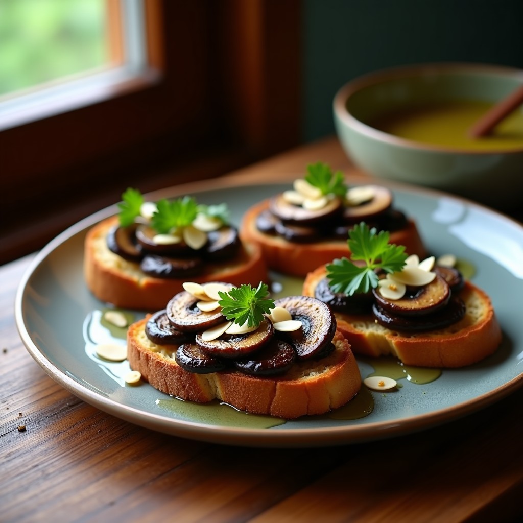 Tostadas de pan de centeno integral con champiñones portobello salteados, ajo negro y almendras fileteadas, decoradas con perejil fresco.