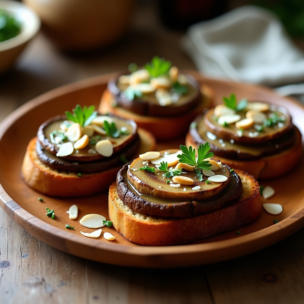 Tostadas de pan de centeno dorado con champiñones portobello trufados al airfryer, decoradas con almendras fileteadas, perejil fresco y virutas de parmesano, servidas en plato de madera rústico.