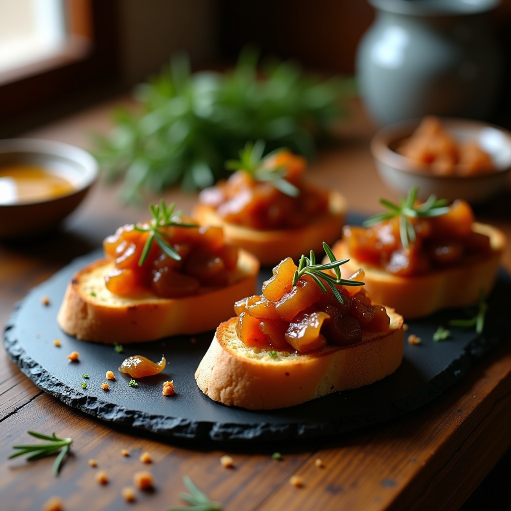 Tostadas de pan rústico dorado con cebolla caramelizada y tiras de cogote de cerdo, receta tradicional andaluza en Thermomix.