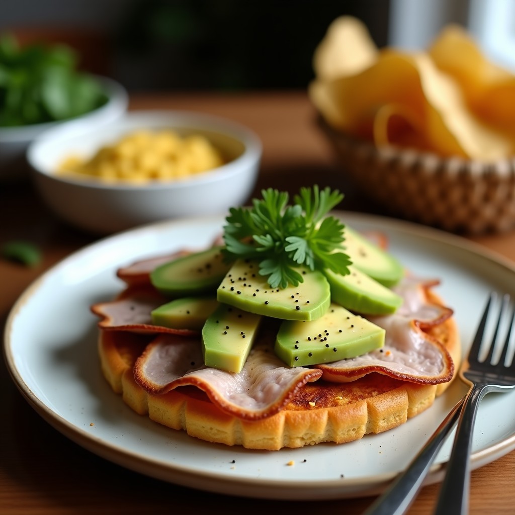 Tostadas de maíz azul crujientes con cogote de cerdo dorado, láminas de cecina, aguacate en cubos, cebolla morada, cilantro y salsa verde, receta mexicana de tostadas de cogote con cecina y aguacate.