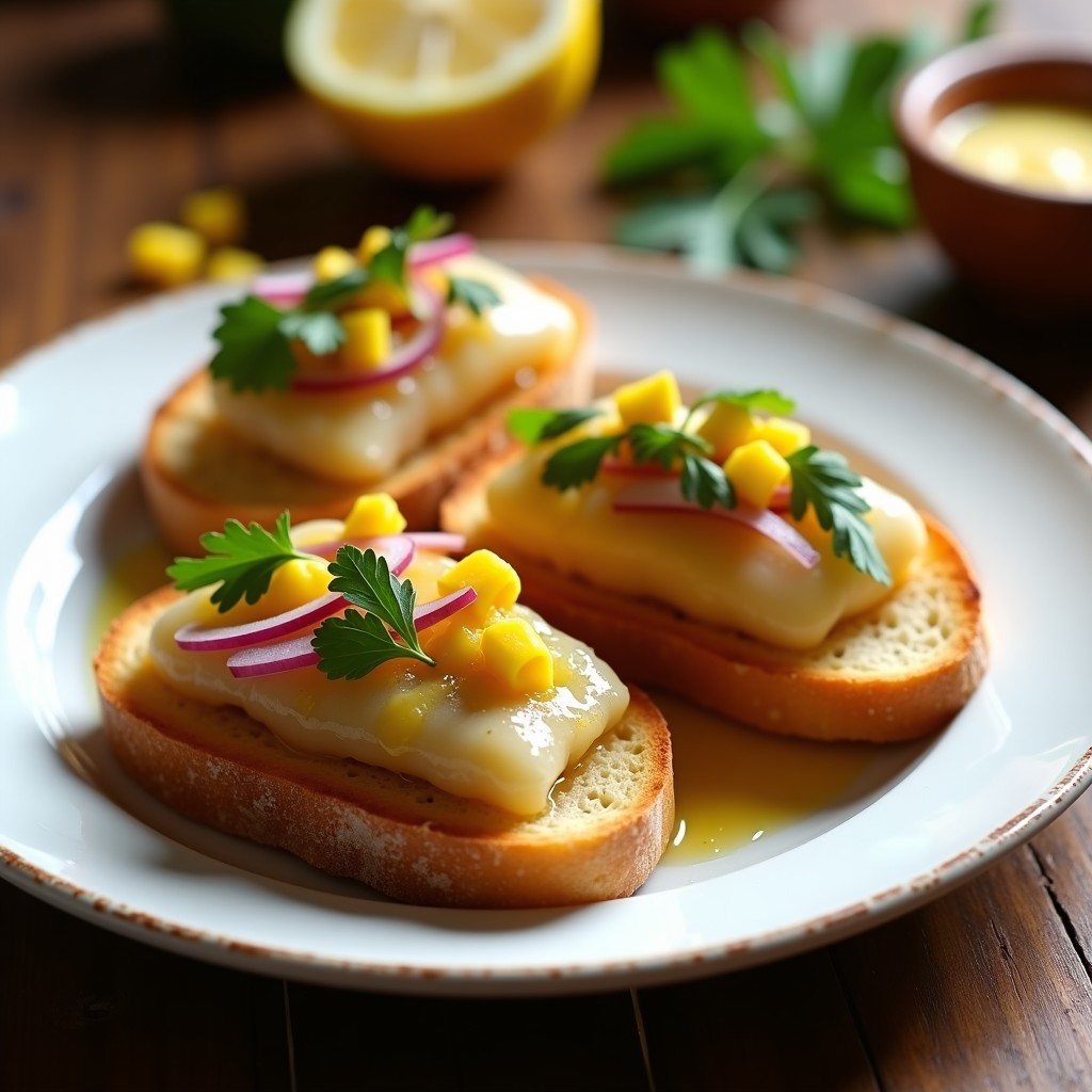 Tostadas doradas de pan francés con rodajas de cogote en escabeche peruano, decoradas con cebolla roja, ají amarillo y culantro fresco.
