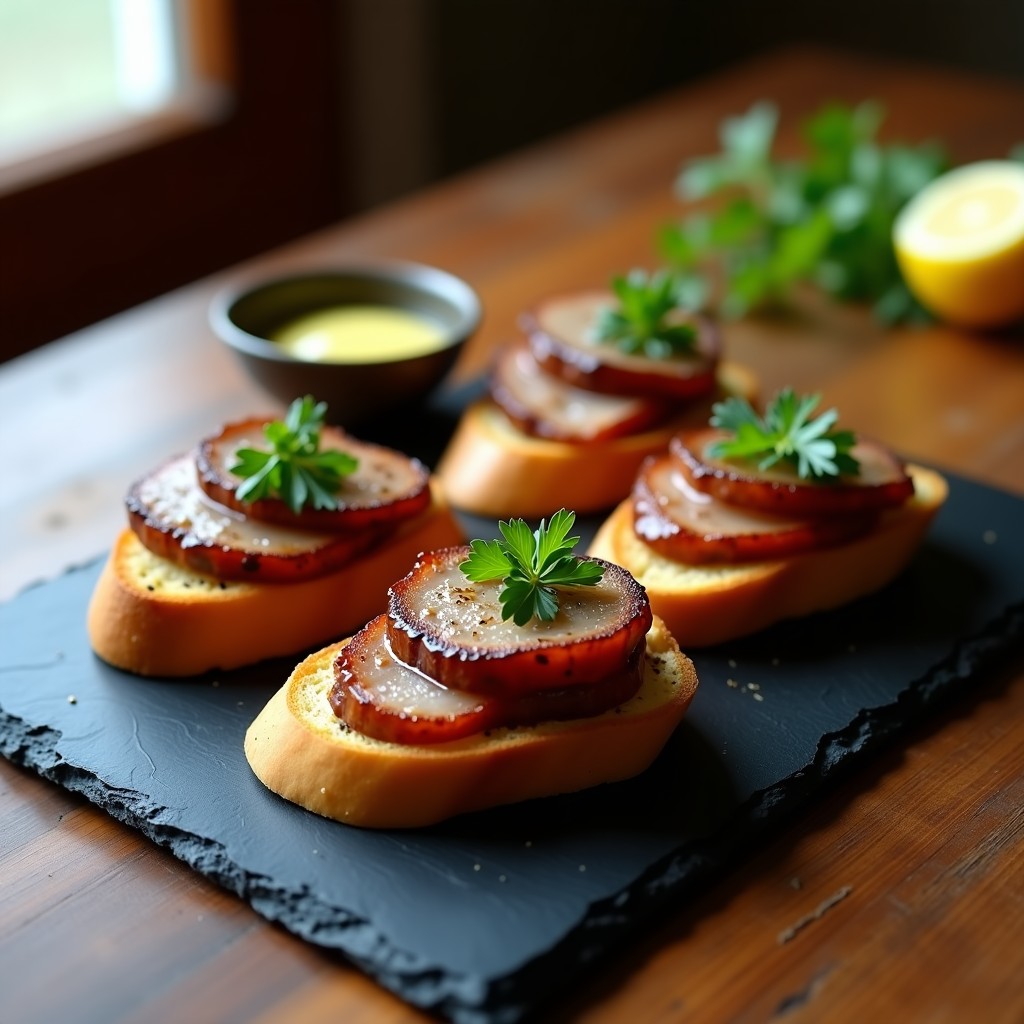 Plato de tostadas de pan crujiente con filetes de cogote de cerdo jugoso, untadas con mantequilla de ajo negro, espolvoreadas con perejil fresco y gotas de limón, sobre fondo rústico de madera.
