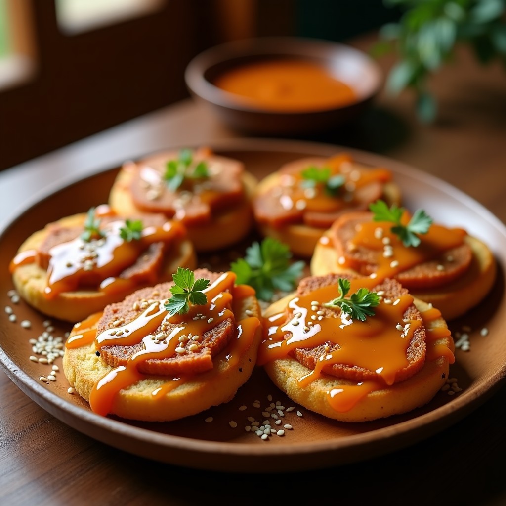 Tostadas doradas y crujientes de cogote de res bañadas en mantequilla de ajonjolí, servidas en un plato rústico de madera con semillas de ajonjolí espolvoreadas, típico aperitivo colombiano.