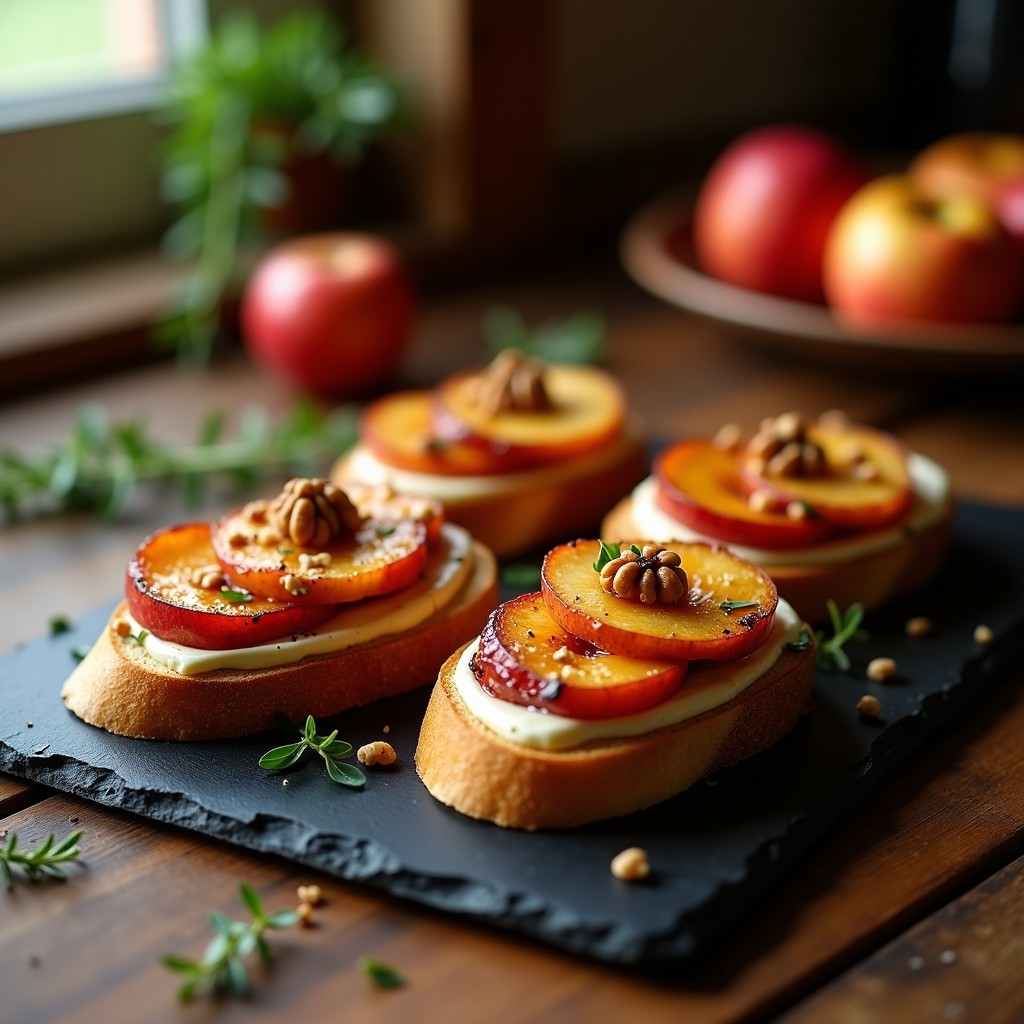 Tostadas doradas con cogote de cerdo jugoso, manzana ahumada caramelizada, queso de cabra desmenuzado y nueces picadas, receta gourmet de aperitivo dulce-salado.