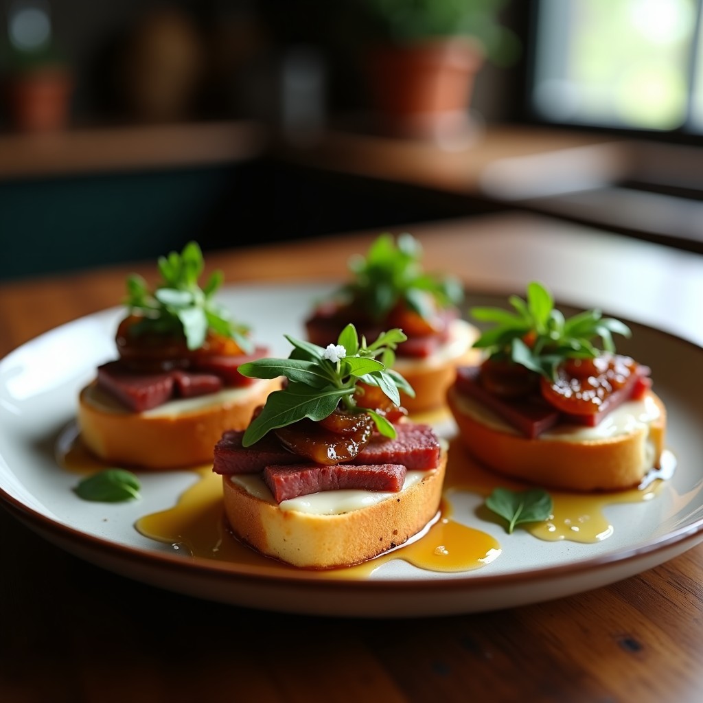 Tostadas doradas de pan brioche con láminas de cogote de ternera sellado, foie gras fresco, cebolla morada caramelizada y hojas de rúcula, receta gourmet francesa.