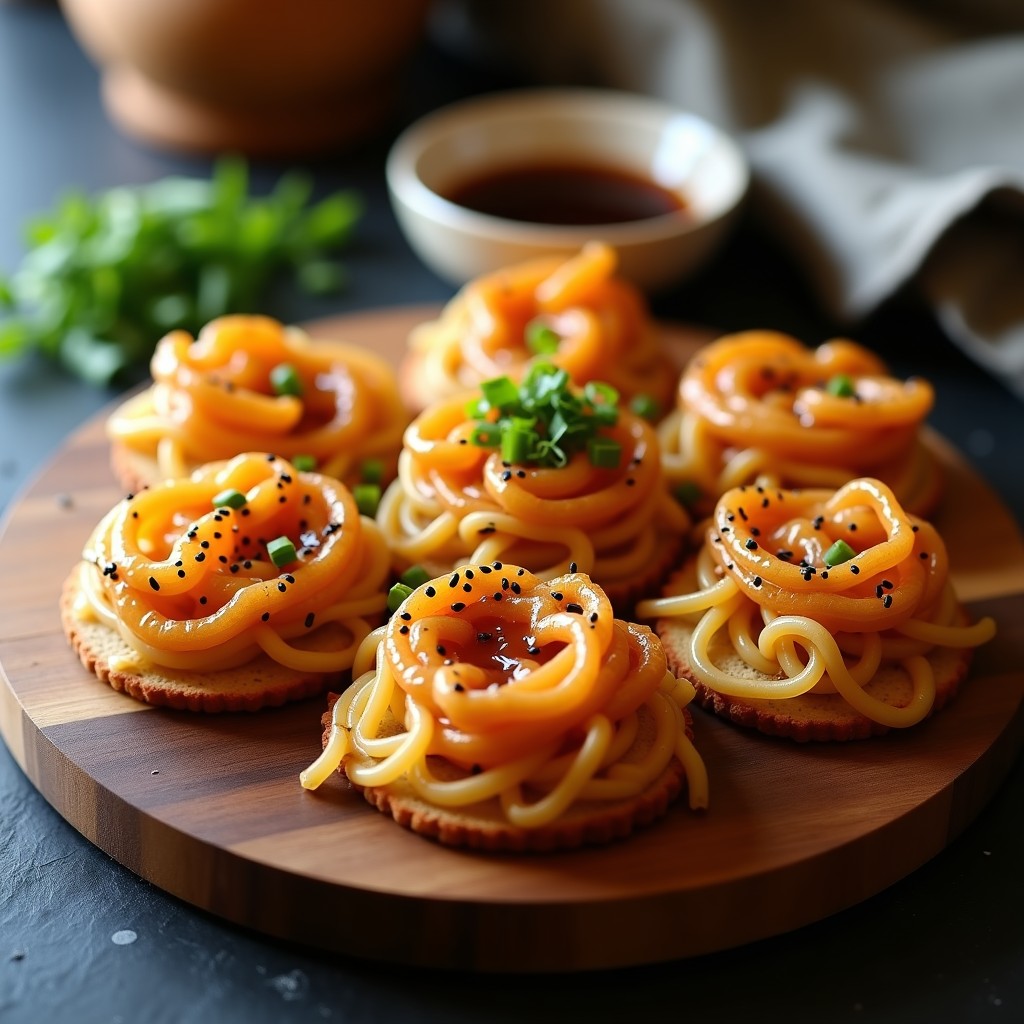Tostadas doradas y crujientes de cogote de udon veganas, glaseadas con salsa teriyaki, espolvoreadas con semillas de sésamo negro y cebollino fresco, servidas en una tabla de madera rústica.