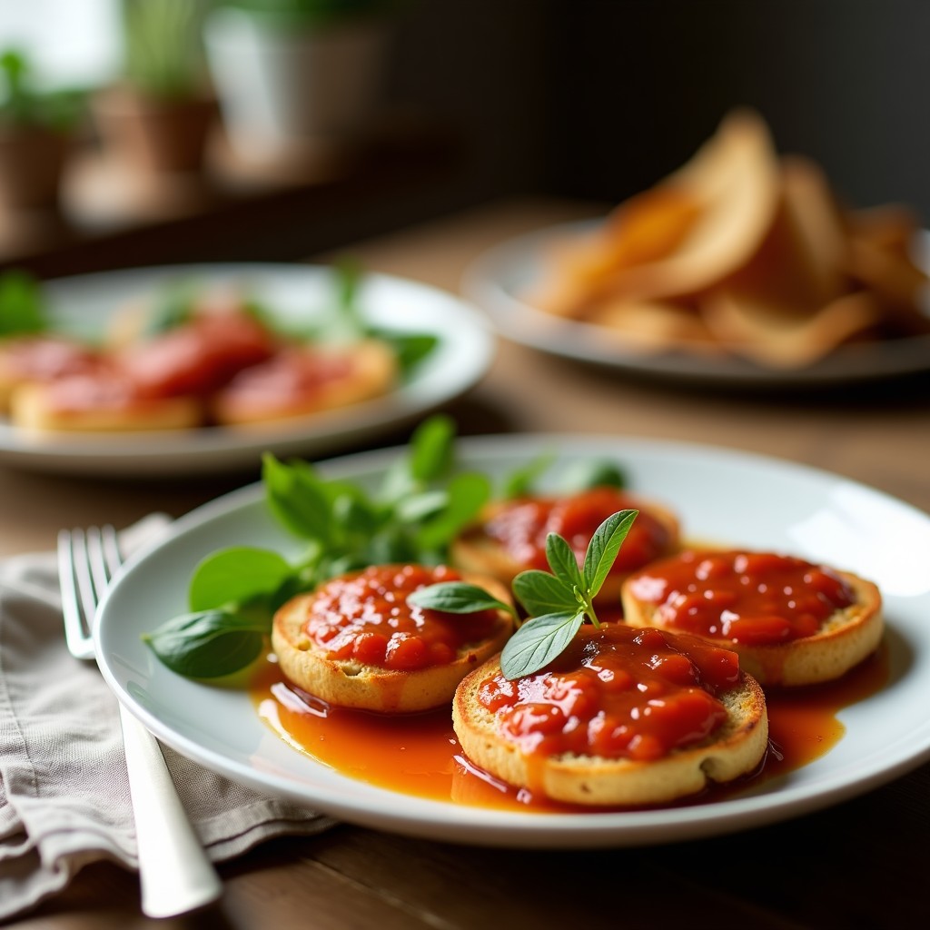 Plato de tostadas cordobesas con salmorejo ibérico, rodajas de huevo duro y taquitos de jamón ibérico sobre pan rústico tostado, receta tradicional andaluza.