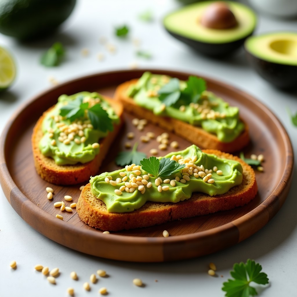 Tostadas doradas y crujientes de quinoa con una capa cremosa de aguacate verde, decoradas con semillas de sésamo y cilantro fresco sobre un plato de madera rústico.