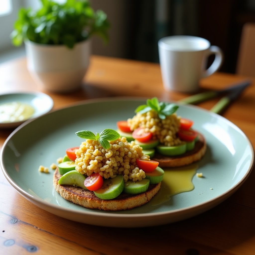 Tostadas crudiveganas con aguacate cremoso, encurtidos de pepino, zanahoria y cebolla morada, decoradas con semillas de girasol, sésamo y alga nori sobre pan integral germinado.