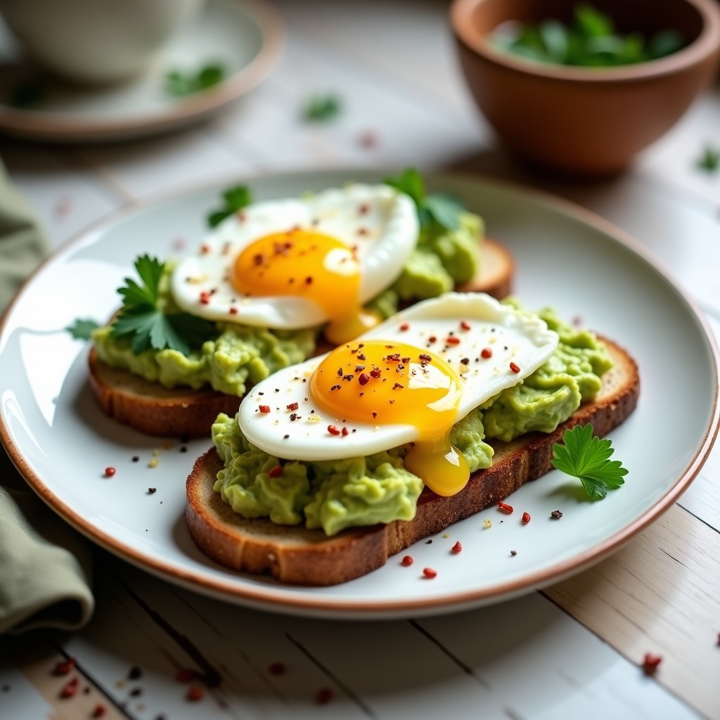 Plato blanco con dos tostadas crujientes de pan integral cubiertas con puré de aguacate cremoso, huevos pochados con yema líquida, semillas de sésamo, cilantro fresco y copos de chile rojo. Receta de tostadas de aguacate con huevos pochados alta en proteína.
