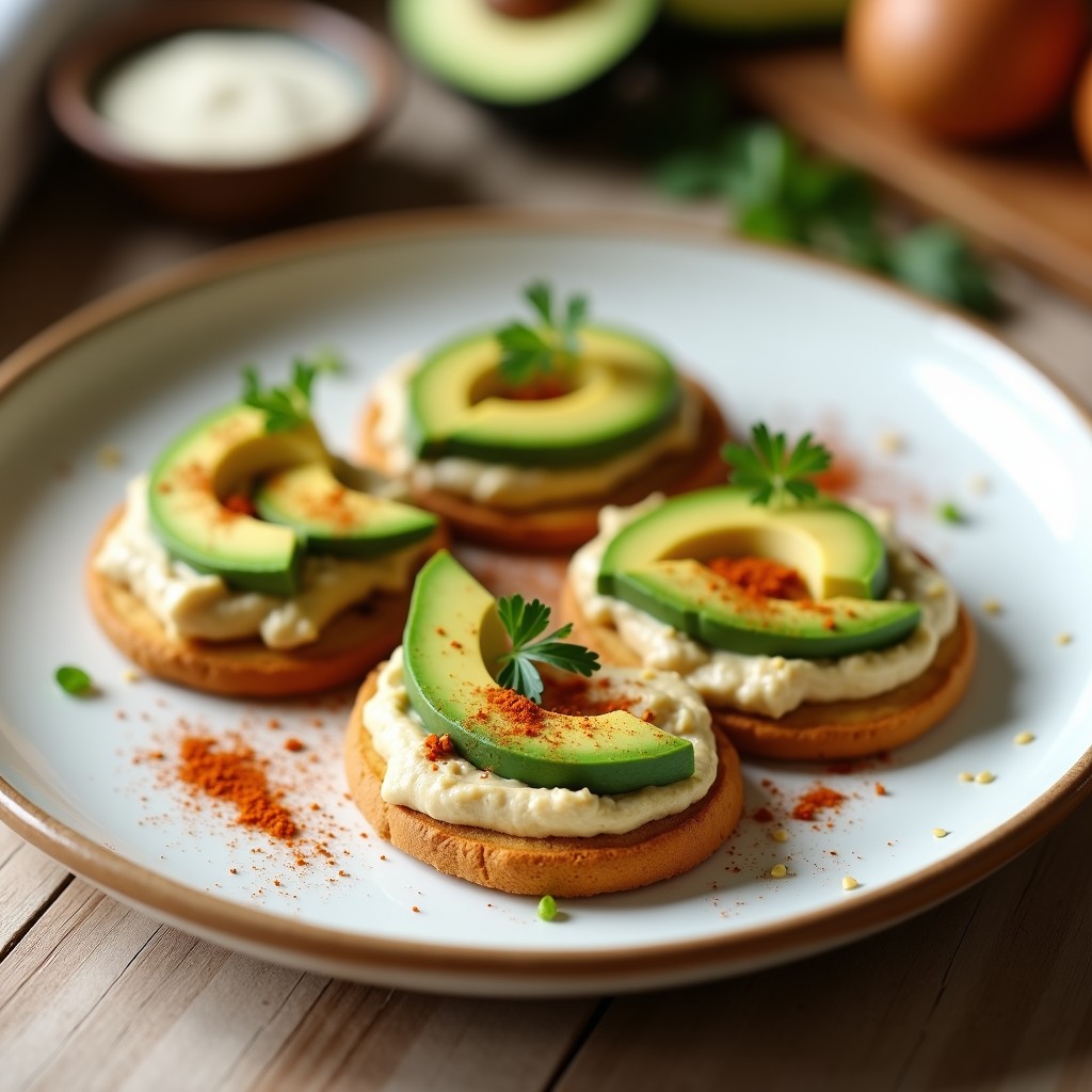 Plato blanco con tostadas crujientes de pan de pita tostado, cubiertas con hummus cremoso, rodajas de aguacate verde, pimentón ahumado y semillas de sésamo, decoradas con perejil fresco.