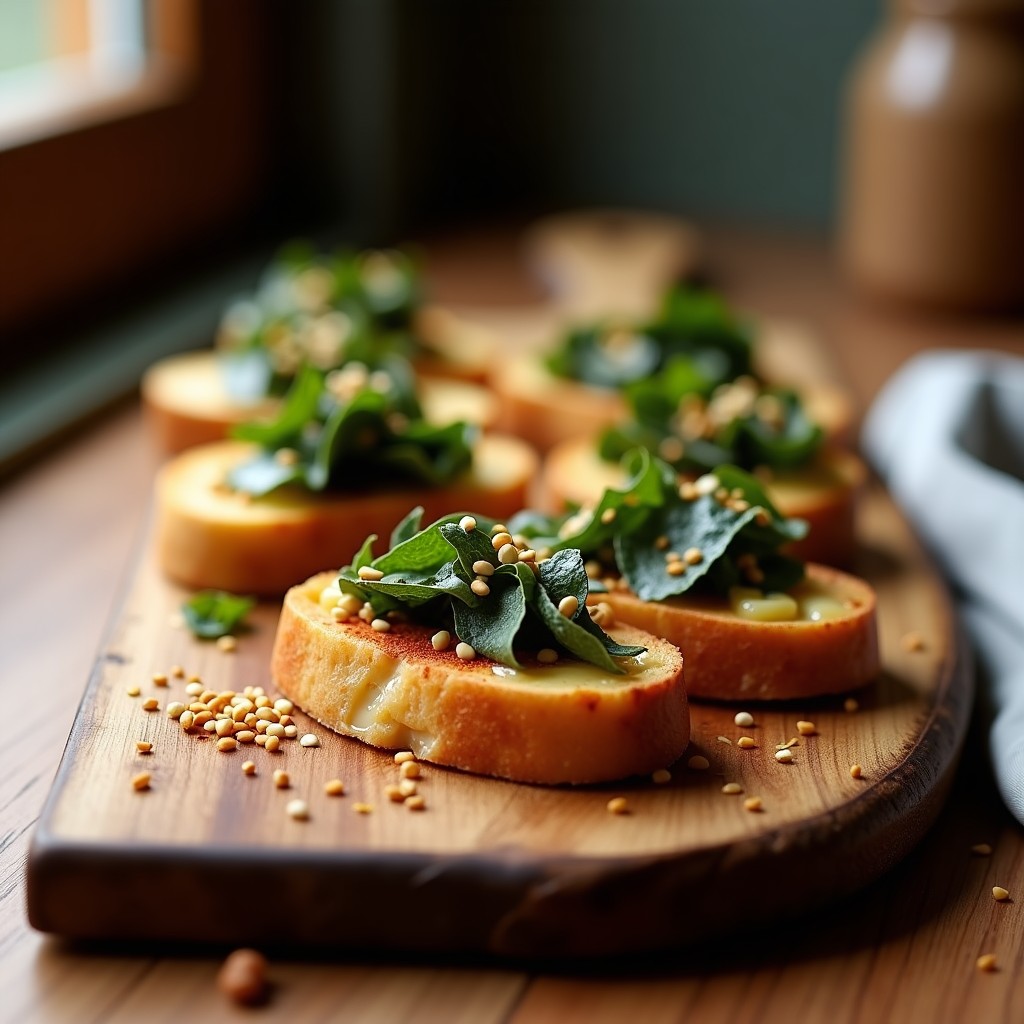 Tabla de madera con tostadas crujientes de algas nori y queso manchego doradas, espolvoreadas con semillas de sésamo y pimentón, receta express umami.