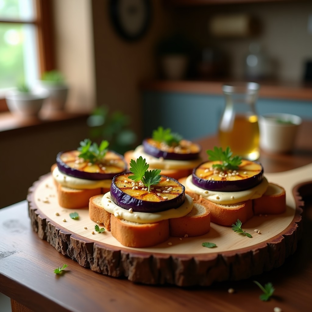 Tostadas doradas y crujientes sin gluten con una capa cremosa de hummus, rodajas de berenjena ahumada con especias, decoradas con perejil fresco y semillas de sésamo, servidas en una tabla de madera rústica.