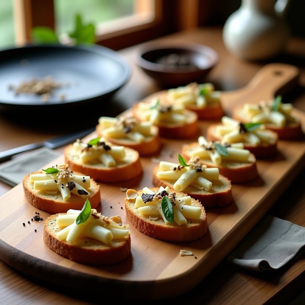 Tostadas doradas de pan de cristal con espárragos blancos tiernos, queso parmesano rallado, almendras fileteadas y virutas de trufa negra, servidas en una tabla de madera rústica.