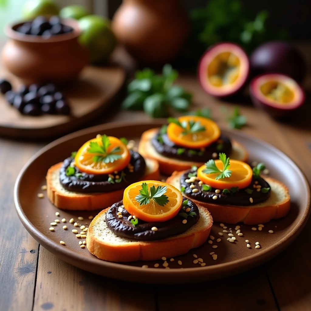 Tostadas doradas de pan de espelta con puré cremoso de habas negras, decoradas con semillas de granadilla, cilantro fresco y sésamo tostado, sobre un plato de madera rústica con fondo de cocina peruana.