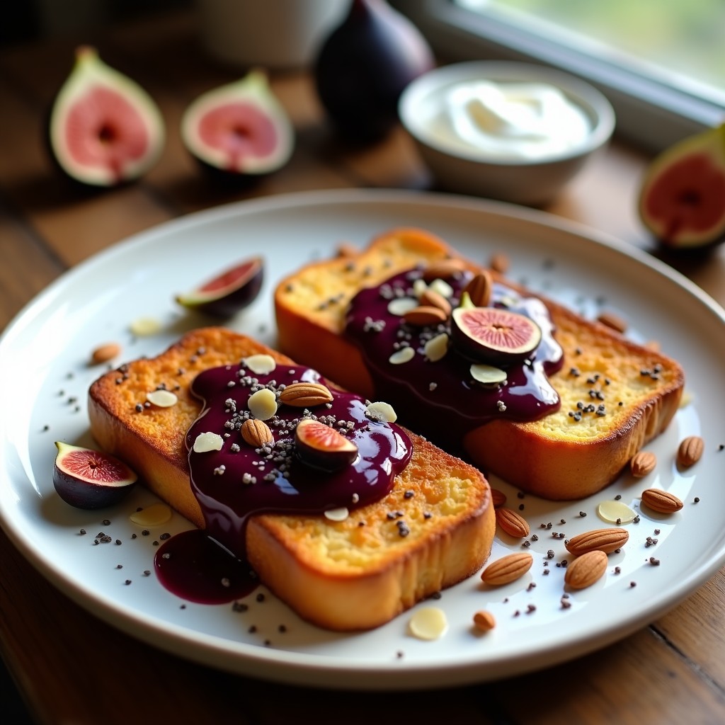 Plato blanco con dos tostadas francesas doradas de pan de brioche, cubiertas con compota de higos brillante y almendras fileteadas. Desayuno alta en proteína servido con un hilo de miel y semillas de chía espolvoreadas.