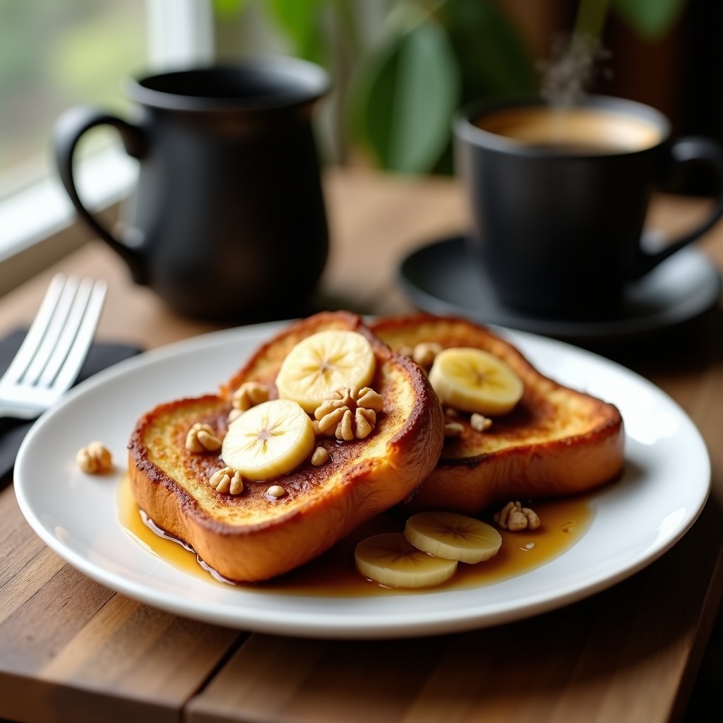 Tostadas francesas con plátano caramelizado y nueces: Desayuno sin lactosa y alto en fibra