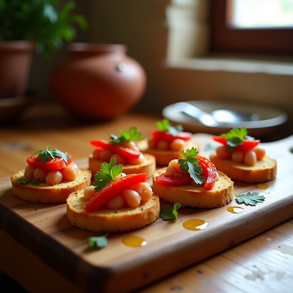 Tostadas doradas de pan de garbanzo crujiente con tiras de pimientos asados rojos, trozos de ventresca de atún y hojas de perifollo, servidas en una tabla de madera rústica con fondo de cocina mediterránea.