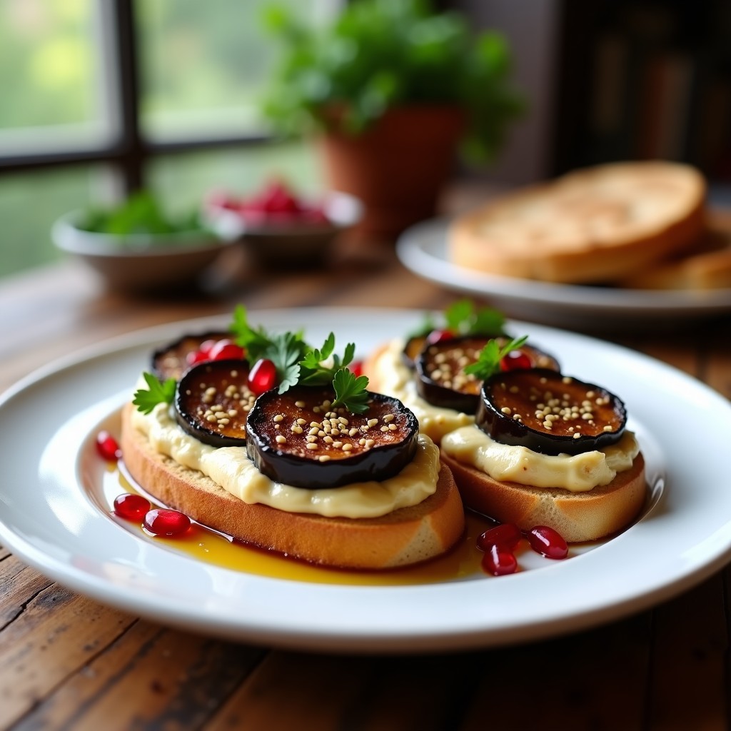 Tostadas doradas de pan de pita con hummus cremoso, rodajas de berenjena ahumada, granos de granada y perejil fresco, receta vegana y alta en proteína.