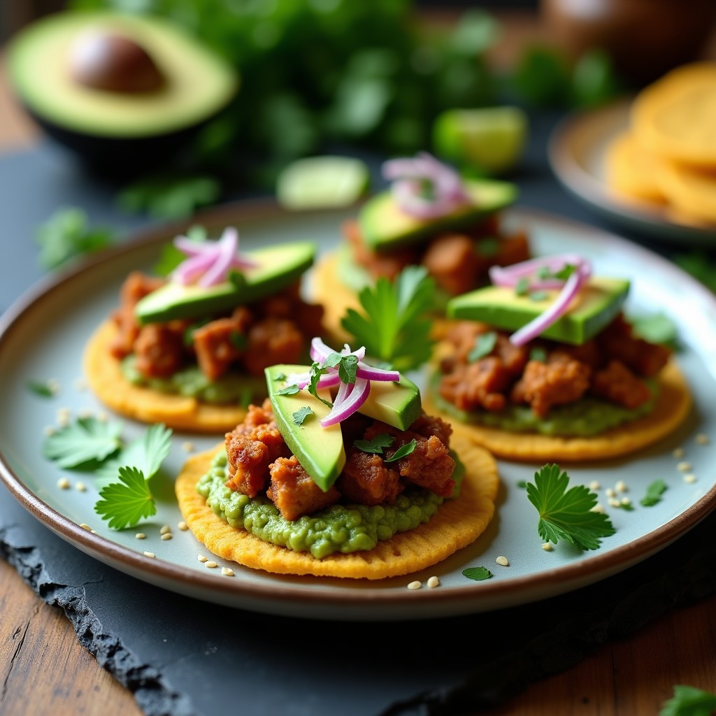 Tostadas de maíz doradas con jackfruit ahumado desmenuzado, pesto de cilantro verde vibrante, aguacate en cubos, cebolla morada picada y semillas de sésamo. Plato vegano alto en proteína preparado en airfryer.