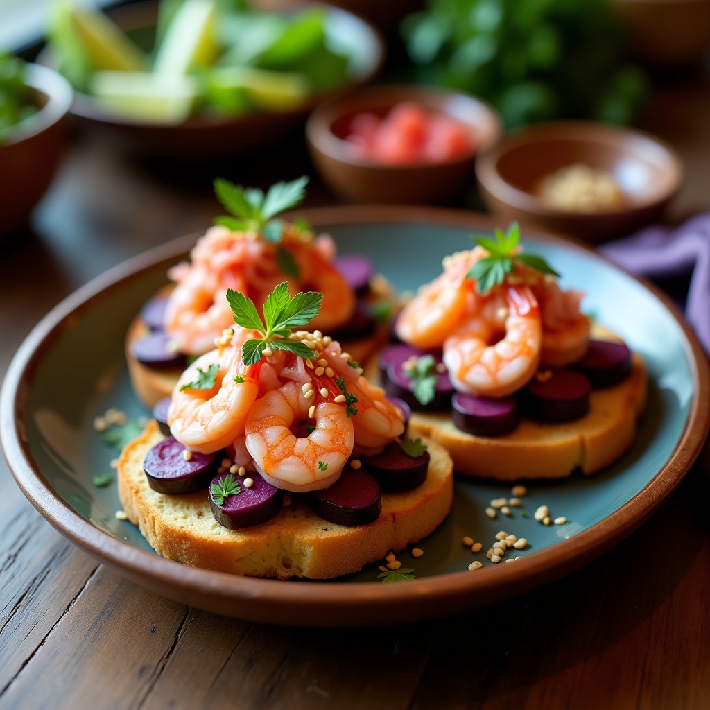 Tostadas de Pan de Maíz Azul con Ceviche de Camarón: Receta Peruana Crujiente y Fresca