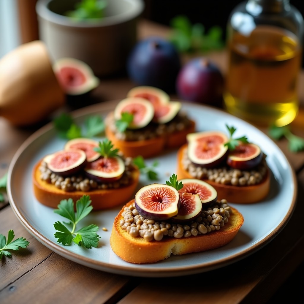 Tostadas doradas de pan de maíz azul con una capa cremosa de pâté de lentejas especiado, coronadas con higos caramelizados en cuartos y semillas de sésamo tostadas. Plato vegano, crujiente y colorido sobre fondo rústico de madera.