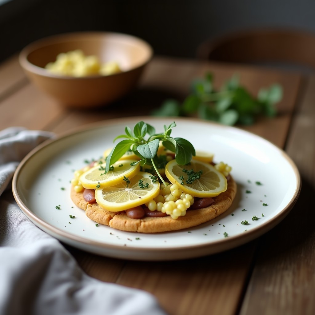 Tostadas doradas de pan de mijo crujiente con una capa cremosa de puré de habas aromatizado con hierbas provenzales, decoradas con rúcula fresca y cebollino picado sobre un plato de madera rústico.