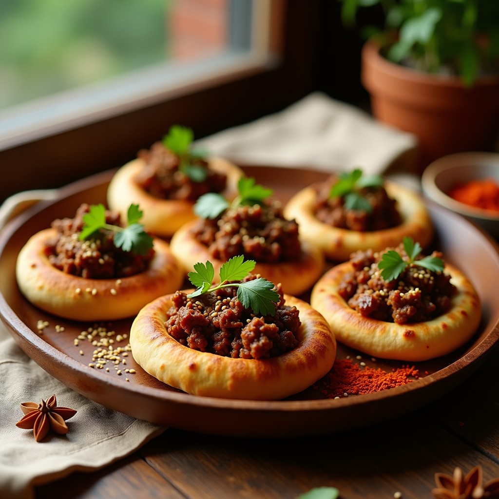 Tostadas morunas en pan de pita horneadas, doradas y crujientes, con carne picada especiada y semillas de sésamo, servidas en bandeja rústica.