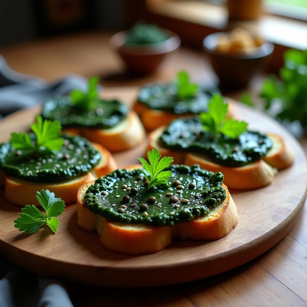 Tostadas crujientes de pan de alga espirulina con paté cremoso de aceitunas negras, decoradas con semillas de sésamo negro y perejil fresco. Plato crudivegano y detox sobre fondo rústico de madera.