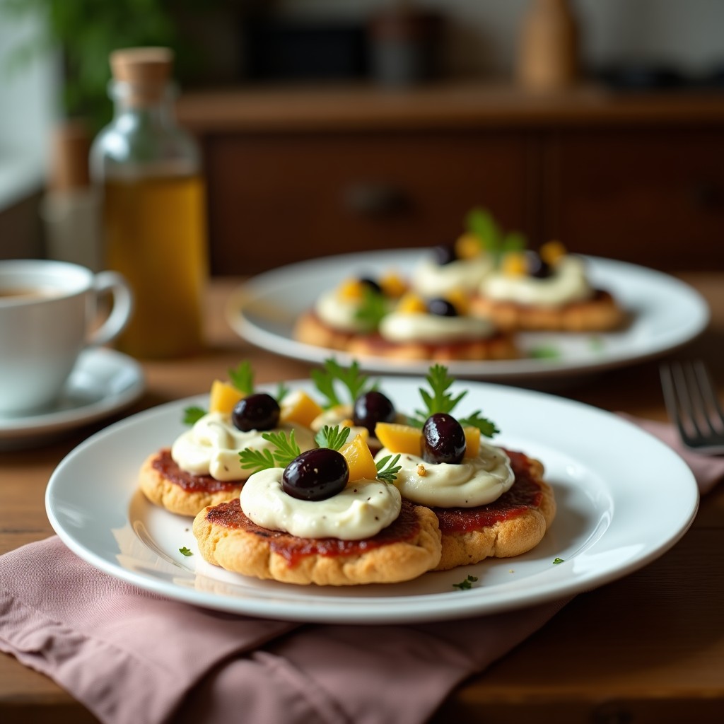 Tostadas doradas de pan de almendra con una crema aterciopelada de alcachofas y aceitunas Kalamata, decoradas con cebollino picado y almendras fileteadas. Plato rústico de madera con fondo claro, receta de desayuno mediterráneo sin gluten.