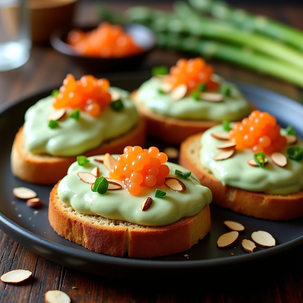 Tostadas doradas de pan de almendra con una capa cremosa de espárragos verdes, coronadas con huevas de trucha naranjas vibrantes, almendras fileteadas y hierbas frescas. Plato gourmet sin gluten sobre fondo rústico de madera.