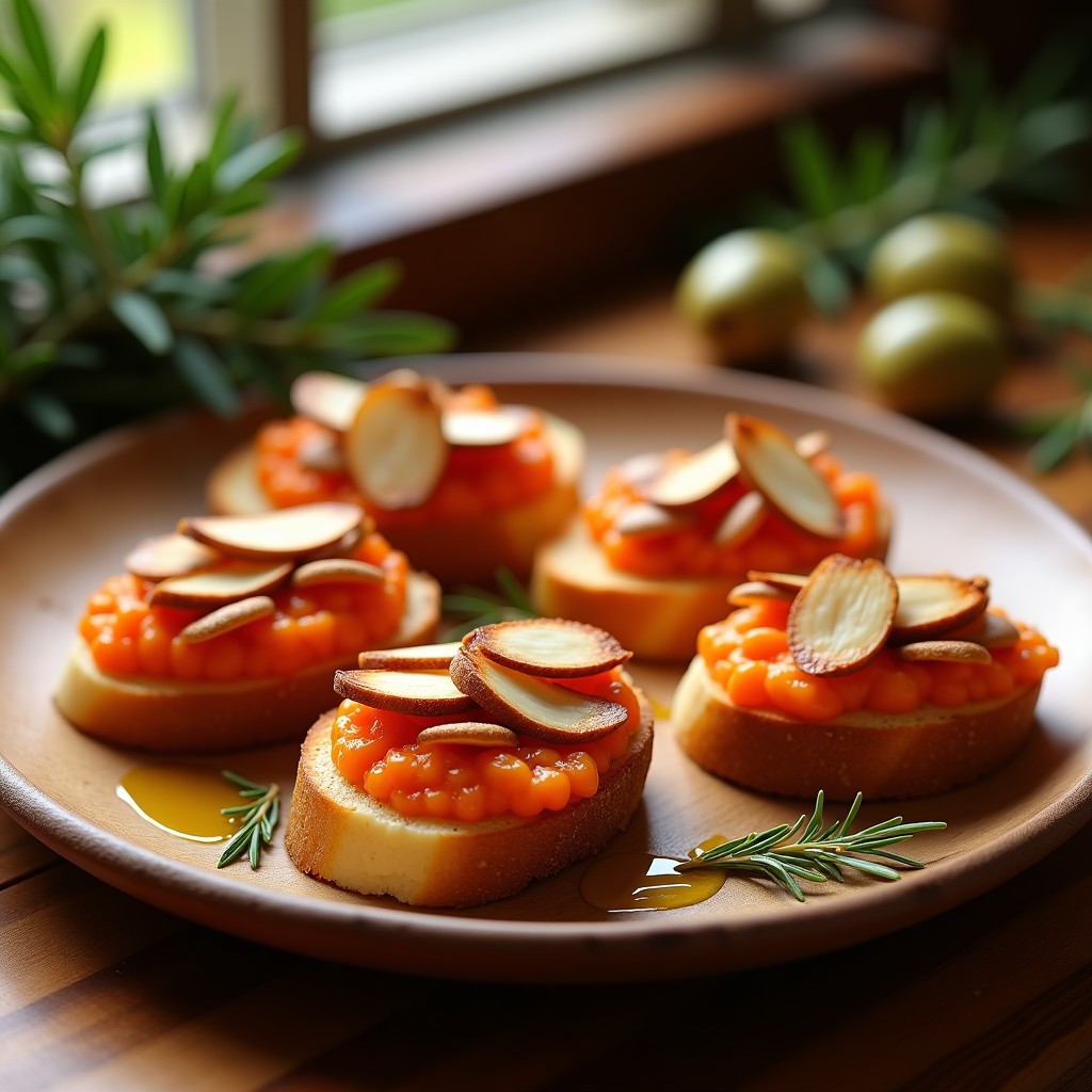 Tostadas doradas de pan de almendra keto con crema de pimientos asados rojos y amarillos, coronadas con filetes de anchoa y perejil fresco. Plato rústico de madera con aceitera de cristal y fondo desenfocado de cocina española tradicional.