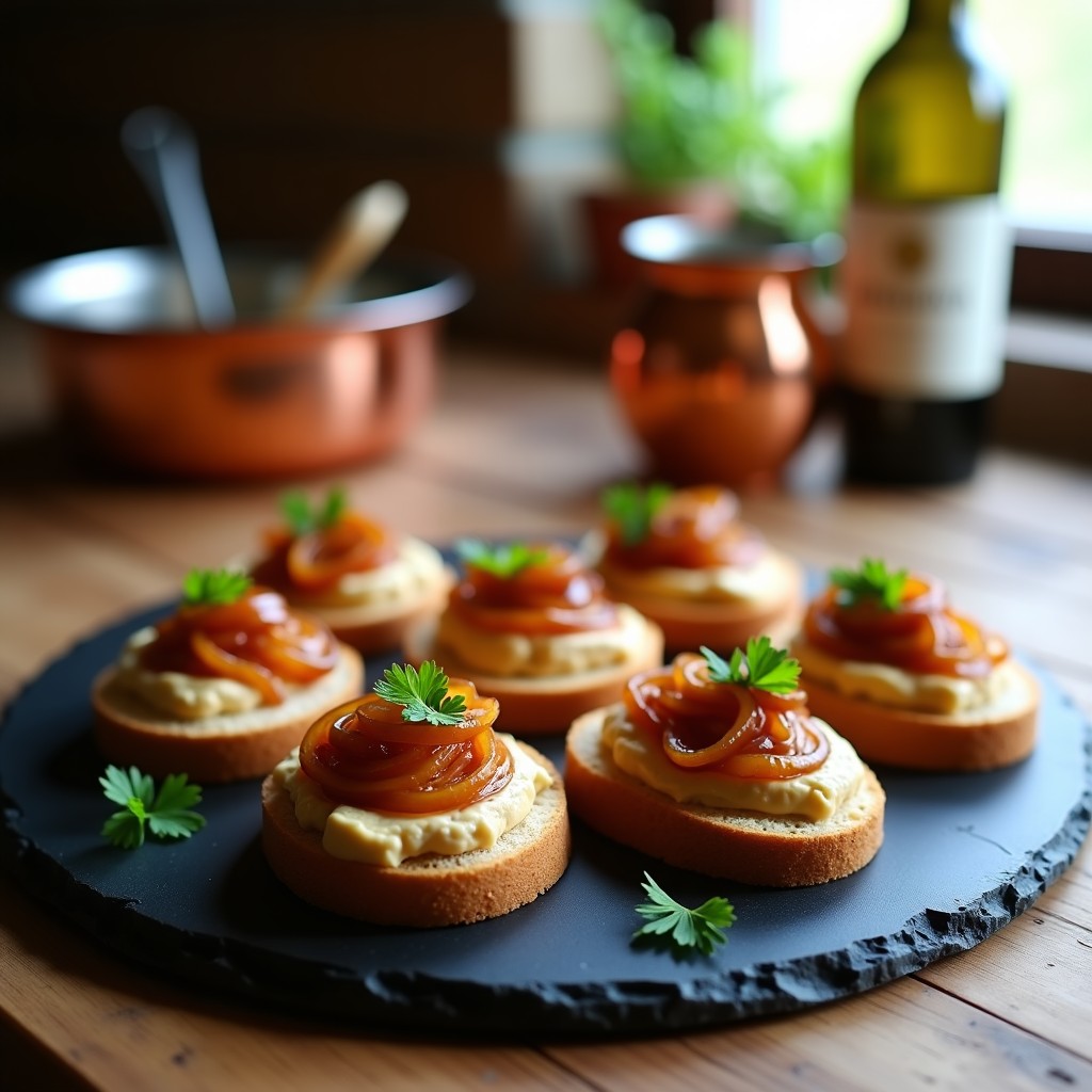 Tostadas doradas de pan de almendra con una capa cremosa de paté de hígado de pollo, coronadas con cebolla caramelizada brillante y perejil fresco. Aperitivo francés keto elegante y bajo en carbohidratos.