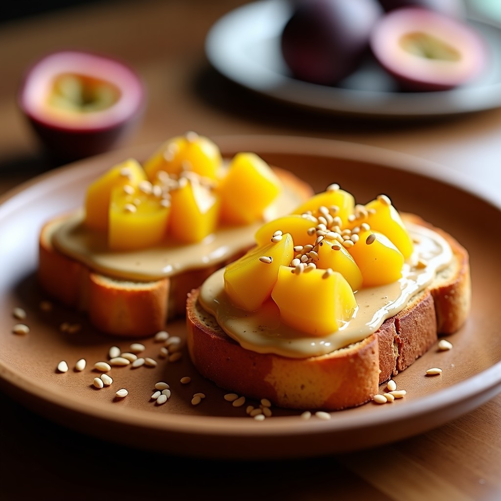 Tostadas doradas de pan de banano sin harina con una capa generosa de crema de cacahuete y pulpa de granadilla con semillas negras brillantes, servidas en un plato de cerámica blanca sobre un fondo rústico de madera.