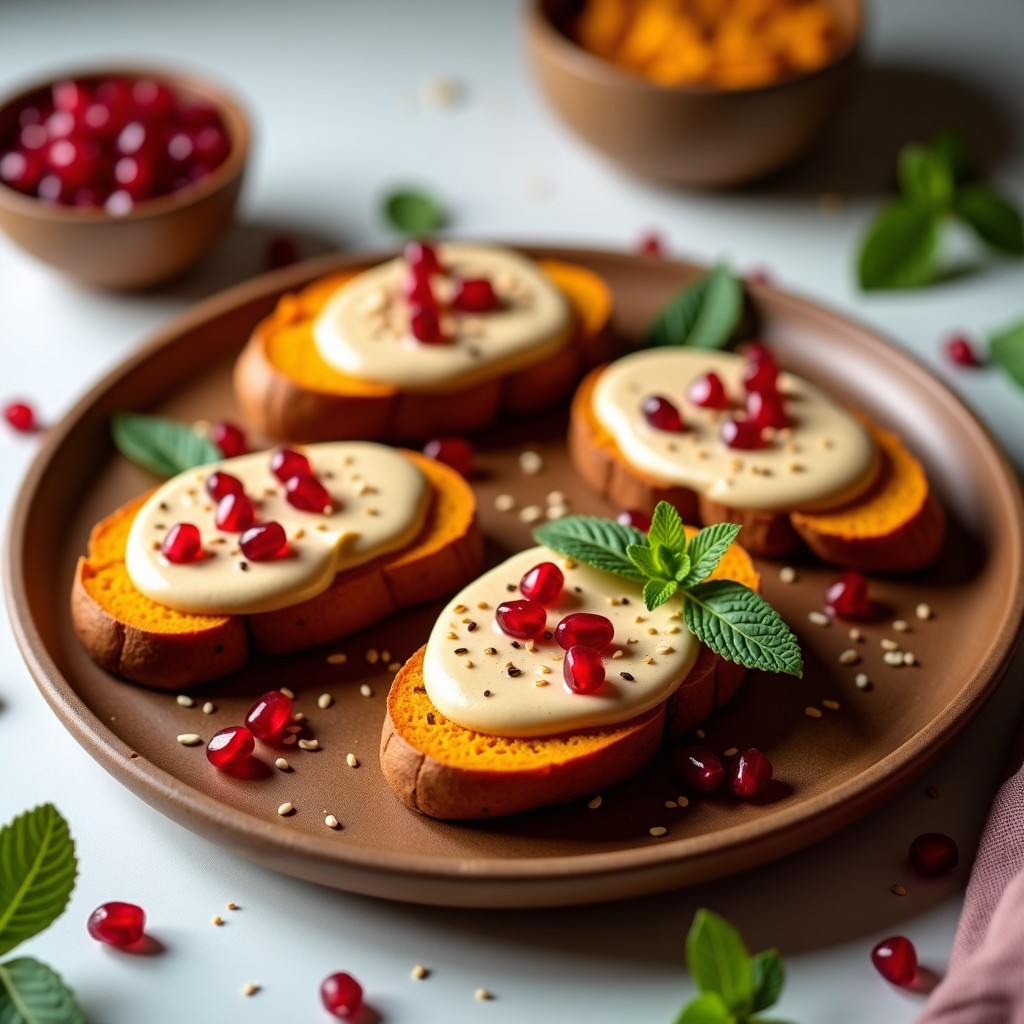 Tostadas doradas de pan de batata con una capa cremosa de tahini, decoradas con granos de granada rojos brillantes, semillas de sésamo y hojas de menta fresca sobre un plato de madera rústico. Desayuno vegano sin gluten lleno de color y textura.