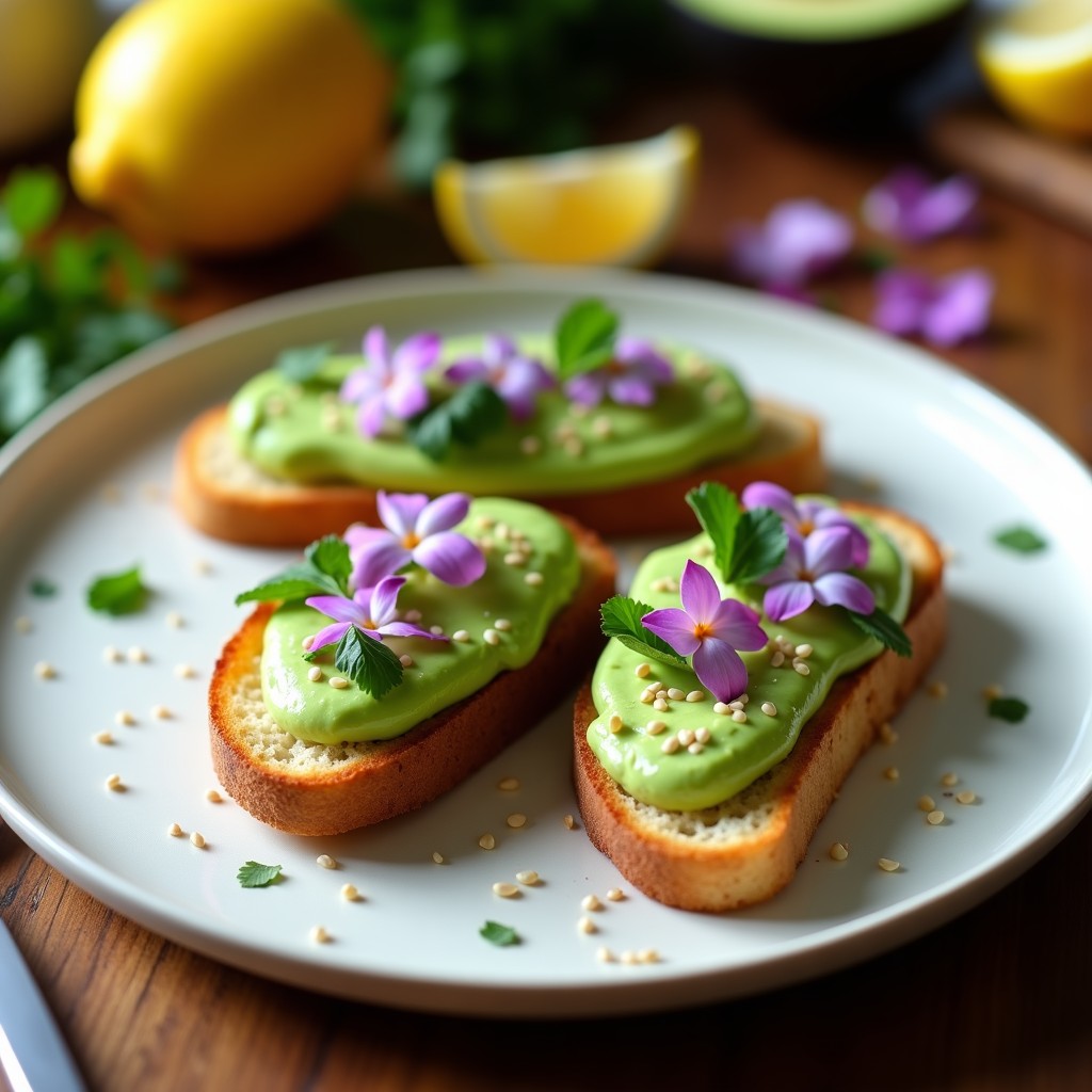 Tostadas doradas de pan de bugambilia con crema de aguacate verde brillante, decoradas con pétalos de bugambilia morados, semillas de sésamo y hojas de cilantro, servidas en un plato de cerámica blanca sobre fondo rústico de madera.