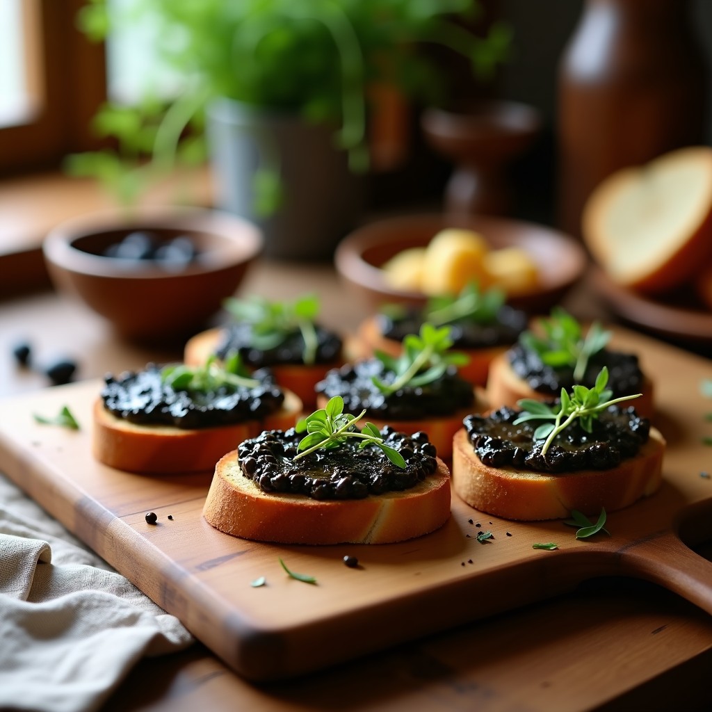 Tostadas doradas de pan de castaña sin gluten con una capa generosa de paté negro de aceitunas kalamata y alcaparras, decoradas con hojas de hinojo fresco sobre una tabla de madera rústica. Aperitivo sin gluten y alto en hierro.