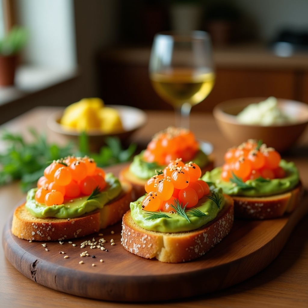 Tostadas doradas de pan de castañas sin gluten con crema de aguacate verde, huevas de salmón naranjas brillantes, eneldo fresco y semillas de sésamo. Plato gourmet para desayuno, servido en tabla de madera con fondo borroso.