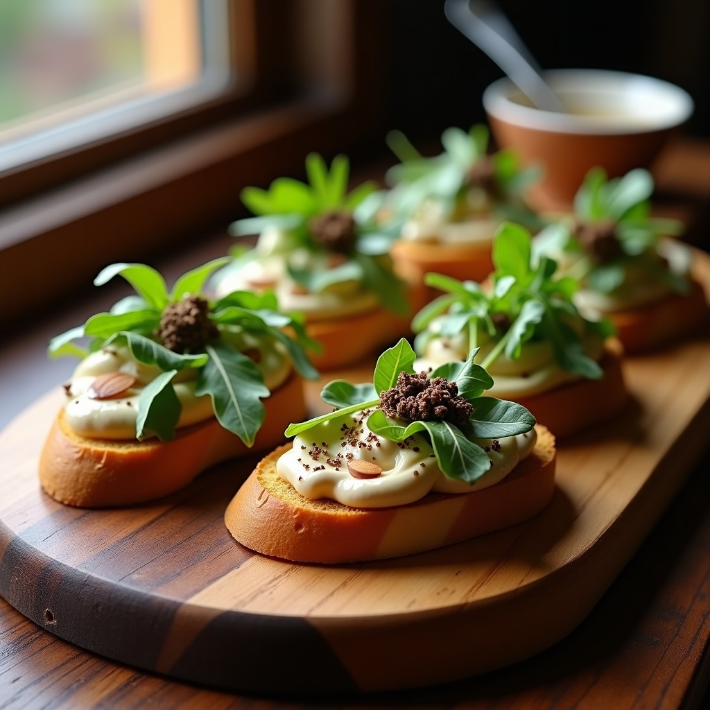 Tostadas doradas de pan de castañas sin gluten con una generosa capa de crema de boletus y trufa negra, decoradas con microvegetales de rúcula y virutas de trufa. Plato gourmet sobre fondo rústico de madera oscura.