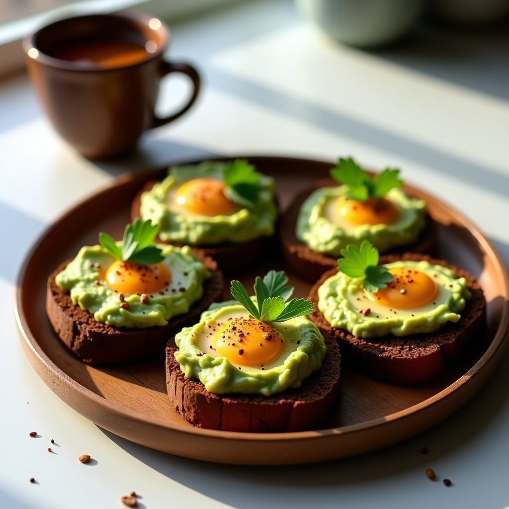 Tostadas crujientes de pan de centeno con crema de aguacate verde brillante, coronadas por huevos de lino gelatinosos, decoradas con semillas de sésamo doradas, hojas de cilantro fresco y un hilo de aceite de oliva. Plato vegano alto en omega-3 sobre una mesa de madera rústica.